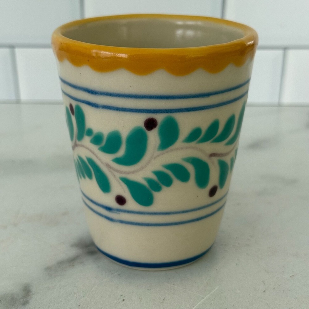 Vintage Hand-Painted Mexican Ceramic Cup With Yellow Rim & Teal Leaf Design